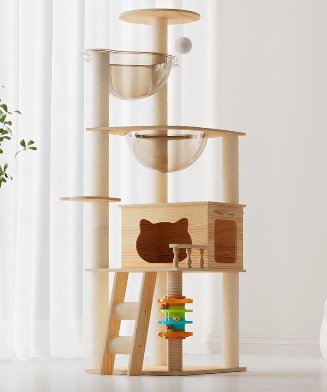 59" Modern Cat Tower, Wood Cat Tree Tower for Indoor Cats, Cat Treewith Sisal-Covered Scratching Posts and Top Perch, Cat Condo with Acrylic Hammock for Small Large Cats