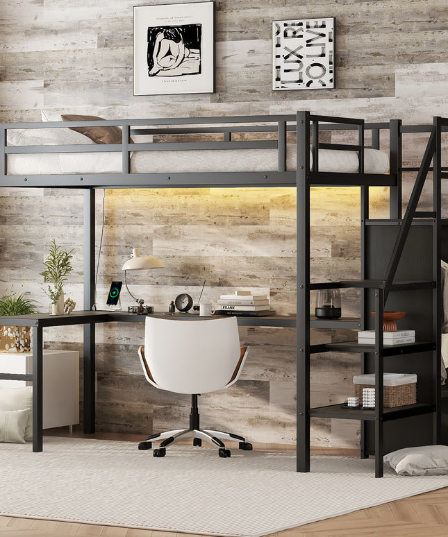 Twin XL Size Loft Bed with L-shaped Desk and USB, Metal Loft Bed with Wardrobe and Adjustable Shelf, High Loft Bed with LED for Kids Teens Adults, Black
