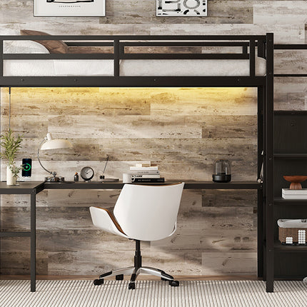 Twin XL Size Loft Bed with L-shaped Desk and USB, Metal Loft Bed with Wardrobe and Adjustable Shelf, High Loft Bed with LED for Kids Teens Adults, Black