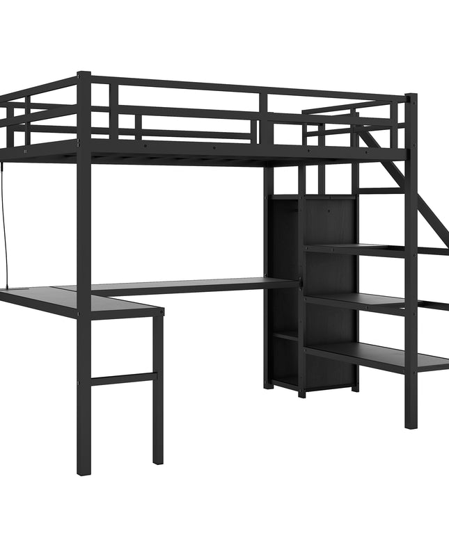 Twin XL Size Loft Bed with L-shaped Desk and USB, Metal Loft Bed with Wardrobe and Adjustable Shelf, High Loft Bed with LED for Kids Teens Adults, Black