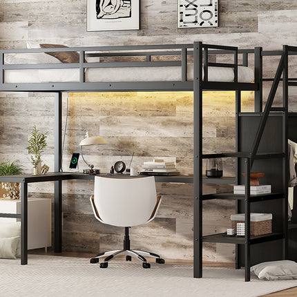 Twin XL Size Loft Bed with L-shaped Desk and USB, Metal Loft Bed with Wardrobe and Adjustable Shelf, High Loft Bed with LED for Kids Teens Adults, Black
