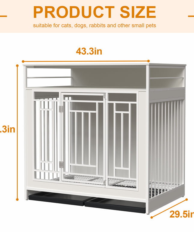 43.3 inch Dog Crate Furniture for Large Dogs,Wooden Dog Crate with Divider,Double Door Dog Kennel with Three Drawers Storages,Heavy Duty Dogs Decorative Pet House for Large Medium Dogs ,White