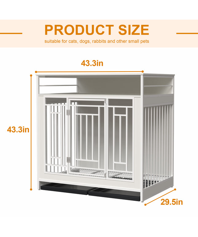 43.3 inch Dog Crate Furniture for Large Dogs,Wooden Dog Crate with Divider,Double Door Dog Kennel with Three Drawers Storages,Heavy Duty Dogs Decorative Pet House for Large Medium Dogs ,White