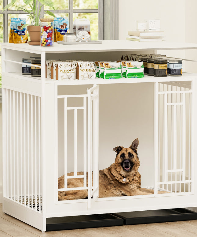 43.3 inch Dog Crate Furniture for Large Dogs,Wooden Dog Crate with Divider,Double Door Dog Kennel with Three Drawers Storages,Heavy Duty Dogs Decorative Pet House for Large Medium Dogs ,White
