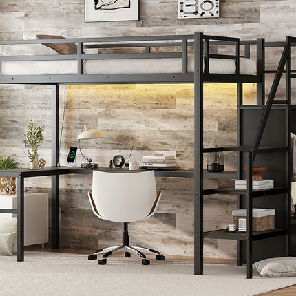 Twin XL Size Loft Bed with L-shaped Desk and USB, Metal Loft Bed with Wardrobe and Adjustable Shelf, High Loft Bed with LED for Kids Teens Adults, Black