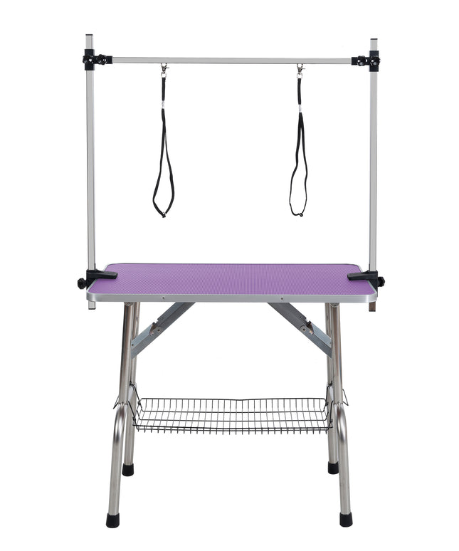 36" Folding Dog Pet Grooming Table Stainless Steel Frame Rubber Mat on Board with Adjustable Arm and Clamps pet dog Cat Grooming Table (PURPLE COLOR)