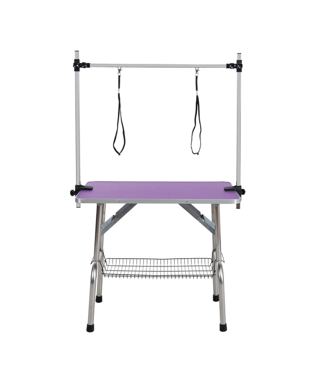 36" Folding Dog Pet Grooming Table Stainless Steel Frame Rubber Mat on Board with Adjustable Arm and Clamps pet dog Cat Grooming Table (PURPLE COLOR)